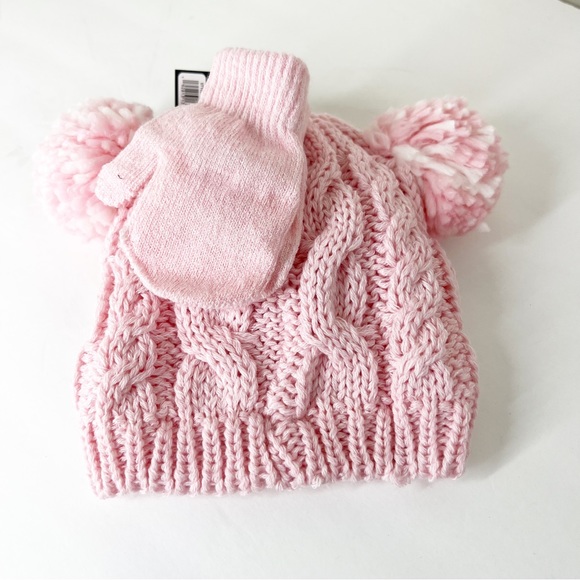 LAURA ASHLEY NWT baby PINK cable knit POM POM hat & mittens SET 12-24‎ Months - Picture 2 of 5